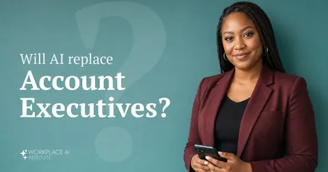 Will AI replace account executives? An account executive in a burgundy blazer holding a phone against a teal wall.