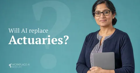 Will AI replace actuaries? An actuary in a navy cardigan holding a laptop against a teal wall.