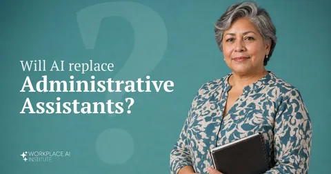 Will AI replace administrative assistants? An administrative assistant in a patterned blouse holding a planner against a teal wall.