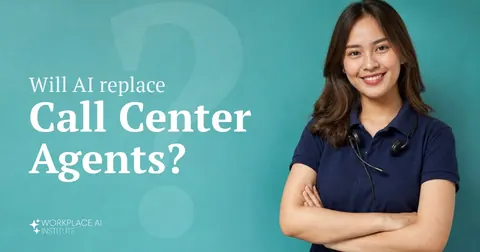 Will AI replace call center agents? A call center agent in a navy polo with a headset around her neck against a teal wall.