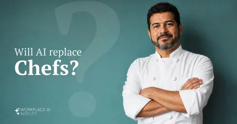 Will AI replace chefs? A chef in a white chef's jacket with arms crossed against a teal wall.