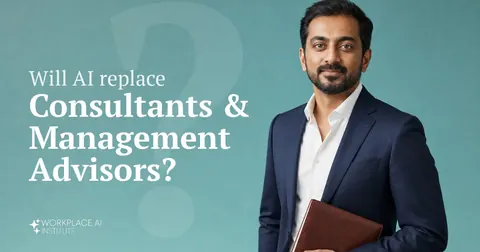 Will AI replace consultants & management advisors? A management consultant in a navy suit holding a notebook against a teal wall.