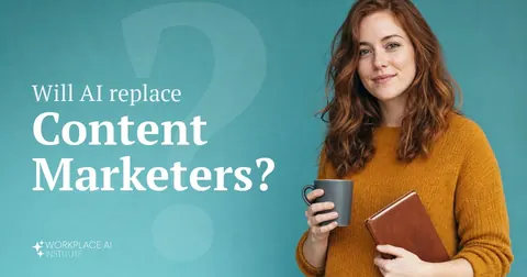 Will AI replace content marketers? A content marketer in a mustard sweater holding a mug and notebook against a teal wall.