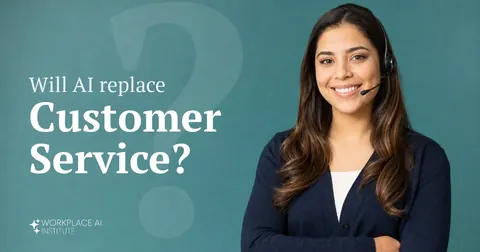 Will AI replace customer service? A customer service representative in a navy cardigan with a headset against a teal wall.