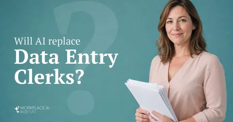 Will AI replace data entry clerks? A data entry clerk in a pink blouse holding paper forms against a teal wall.