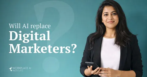 Will AI replace digital marketers? A digital marketer in a black blazer holding a phone against a teal wall.