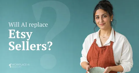 Will AI replace Etsy sellers? A handmade goods seller in a linen apron holding a ceramic dish against a teal wall.