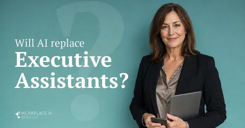 Will AI replace executive assistants? An executive assistant in a black blazer holding a tablet against a teal wall.