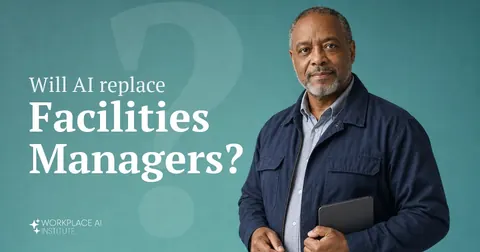 Will AI replace facilities managers? A facilities manager in a navy work jacket holding keys and a tablet against a teal wall.