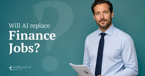 Will AI replace finance jobs? A finance professional in a shirt and tie holding a report against a teal wall.