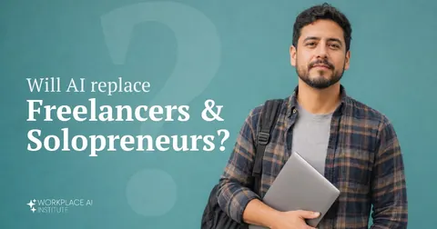 Will AI replace freelancers & solopreneurs? A freelancer in a flannel shirt with a backpack and laptop against a teal wall.