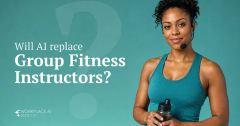 Will AI replace group fitness instructors? A group fitness instructor in athletic wear with a headset mic against a teal wall.