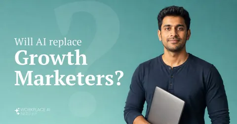 Will AI replace growth marketers? A growth marketer in a navy henley holding a laptop against a teal wall.