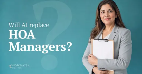 Will AI replace HOA managers? An HOA manager in a grey blazer holding a clipboard against a teal wall.