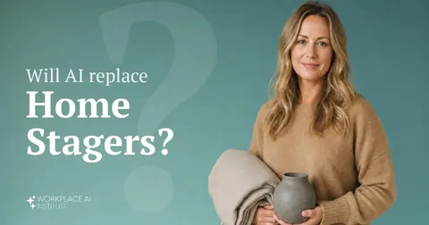 Will AI replace home stagers? A home stager in a camel sweater holding a linen throw and vase against a teal wall.