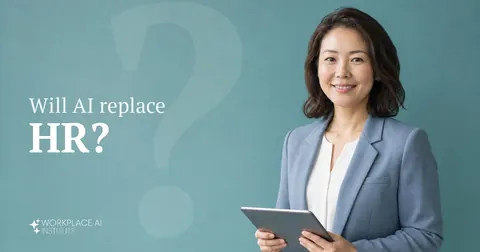 Will AI replace HR? An HR manager in a blue blazer holding a tablet against a teal wall.