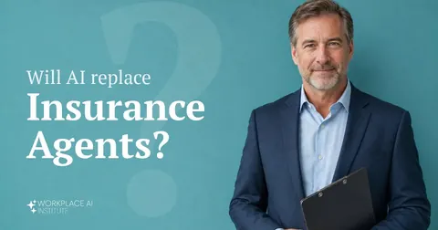 Will AI replace insurance agents? An insurance agent in a navy blazer holding a clipboard against a teal wall.