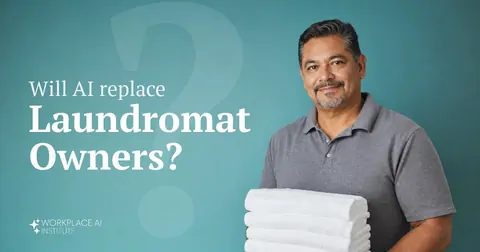 Will AI replace laundromat owners? A laundromat owner in a grey polo holding folded towels against a teal wall.