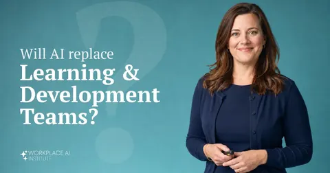 Will AI replace learning & development teams? A corporate trainer in a navy dress holding a presentation clicker against a teal wall.