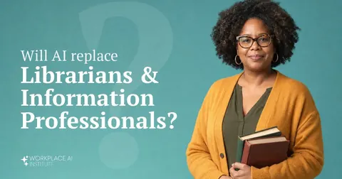 Will AI replace librarians & information professionals? A librarian in a mustard cardigan holding two hardcover books against a teal wall.