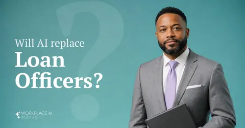 Will AI replace loan officers? A loan officer in a grey suit holding a folder against a teal wall.