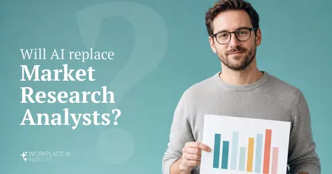 Will AI replace market research analysts? A market research analyst in a grey sweater holding a printed chart against a teal wall.