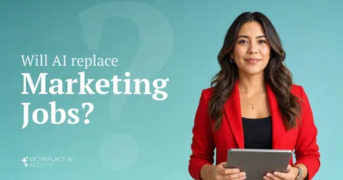 Will AI replace marketing jobs? A marketing manager in a red blazer holding a tablet against a teal wall.