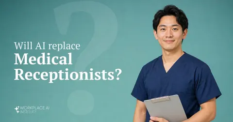 Will AI replace medical receptionists? A medical receptionist in navy scrubs holding a clipboard against a teal wall.