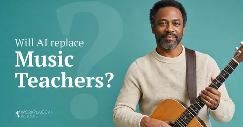 Will AI replace music teachers? A music teacher in a cream sweater holding an acoustic guitar against a teal wall.