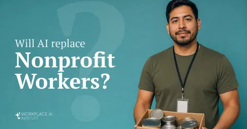 Will AI replace nonprofit workers? A nonprofit worker holding a box of donated food against a teal wall.