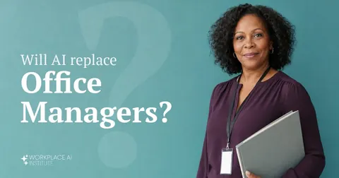 Will AI replace office managers? An office manager in a plum blouse holding a binder against a teal wall.