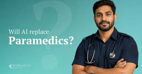 Will AI replace paramedics? A paramedic in a navy uniform with a stethoscope against a teal wall.