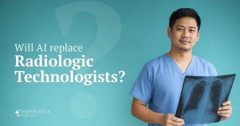 Will AI replace radiologic technologists? A radiologic technologist in blue scrubs holding an X-ray film against a teal wall.