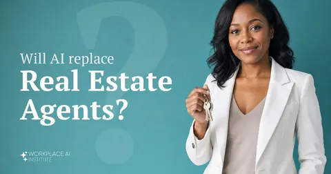 Will AI replace real estate agents? A real estate agent in a white blazer holding house keys against a teal wall.