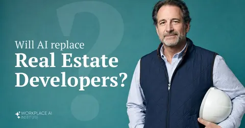 Will AI replace real estate developers? A real estate developer in a quilted vest holding a hard hat against a teal wall.