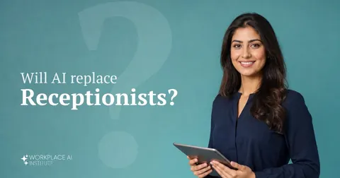 Will AI replace receptionists? A receptionist in a navy blouse holding a tablet against a teal wall.