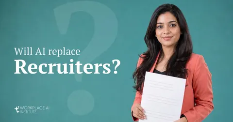 Will AI replace recruiters? A recruiter in a coral blazer holding a resume against a teal wall.