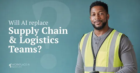Will AI replace supply chain & logistics teams? A logistics coordinator in a safety vest holding a barcode scanner against a teal wall.