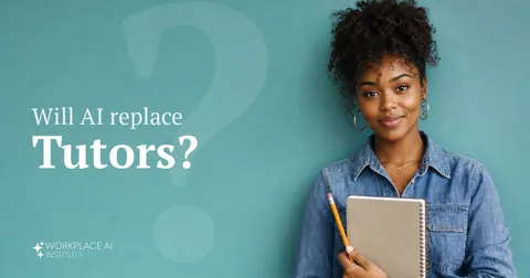 Will AI replace tutors? A tutor in a denim shirt holding a notebook and pencil against a teal wall.