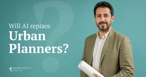 Will AI replace urban planners? An urban planner in an olive blazer holding a rolled map against a teal wall.