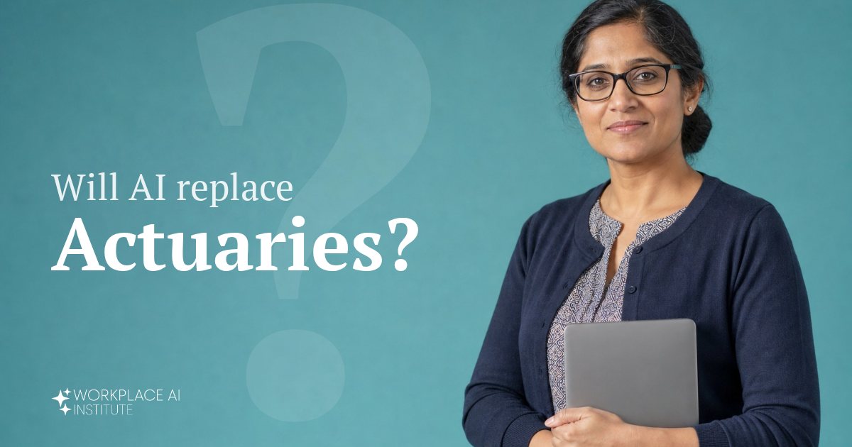 Will AI replace actuaries? An actuary in a navy cardigan holding a laptop against a teal wall.