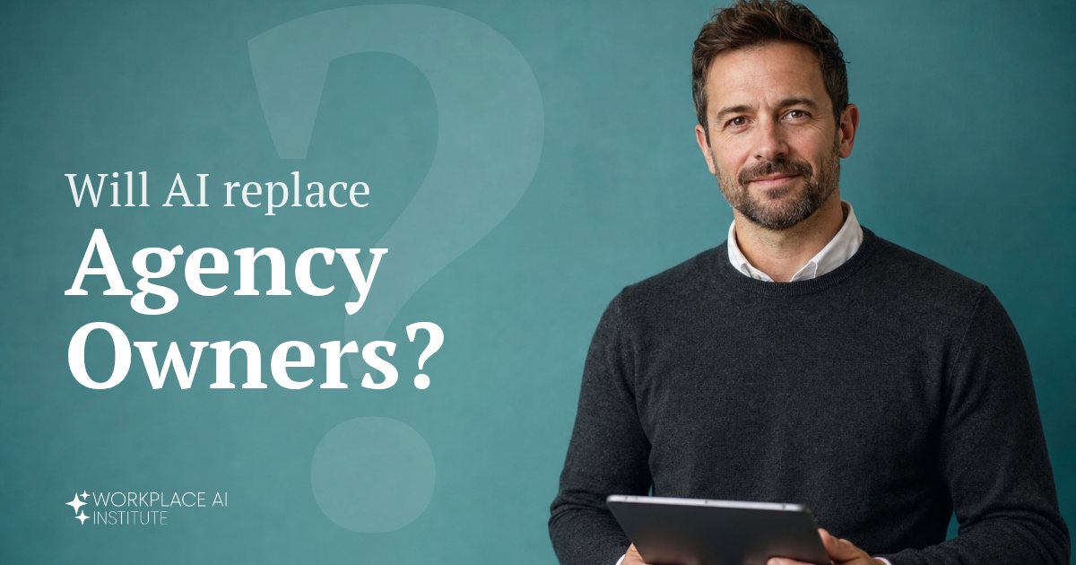 Will AI replace agency owners? An agency owner in a charcoal sweater holding a tablet against a teal wall.