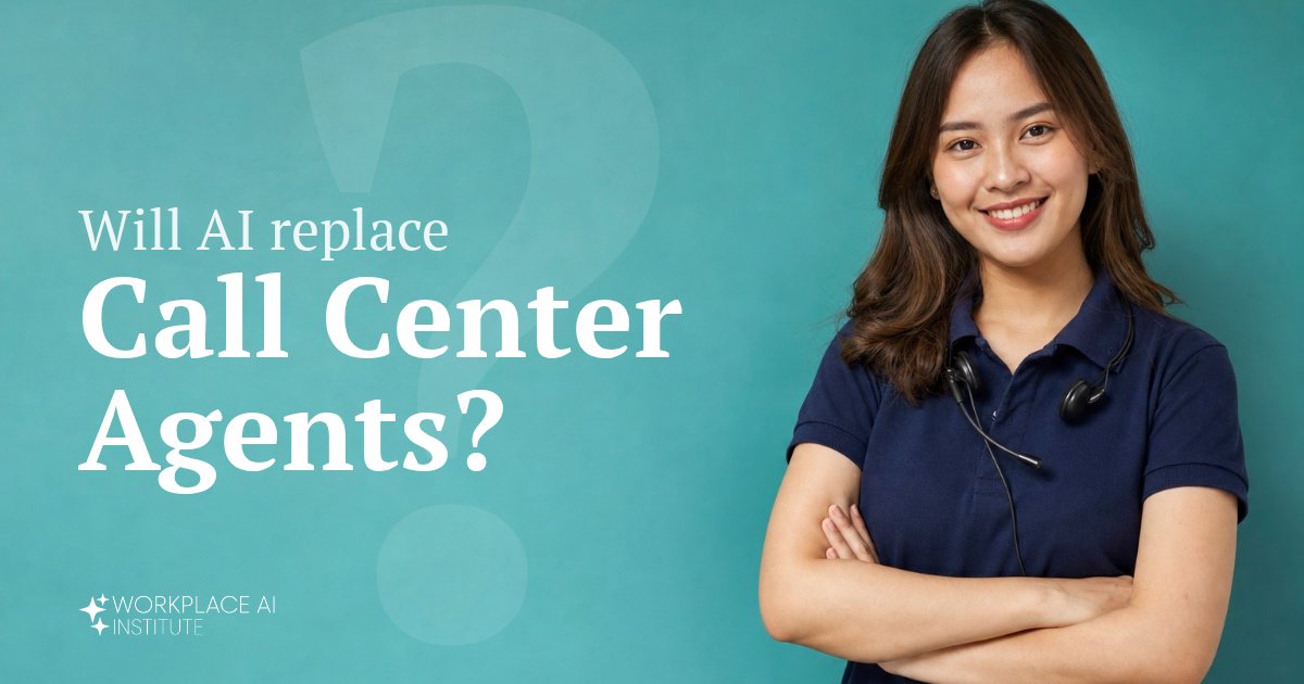 Will AI replace call center agents? A call center agent in a navy polo with a headset around her neck against a teal wall.
