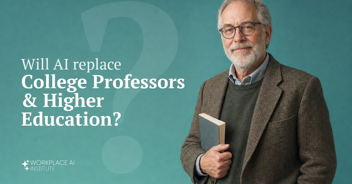 Will AI replace college professors & higher education? A college professor in a tweed jacket holding a book against a teal wall.