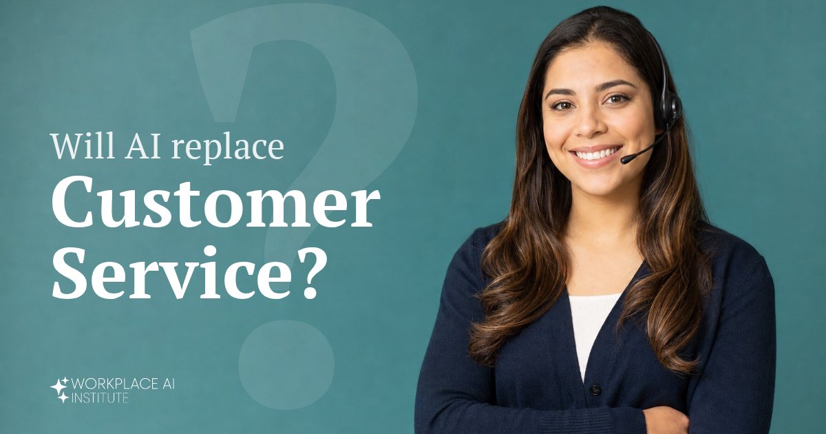 Will AI replace customer service? A customer service representative in a navy cardigan with a headset against a teal wall.