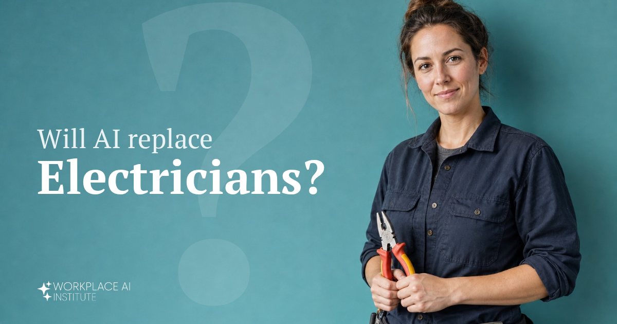 Will AI replace electricians? An electrician in a work shirt and tool belt holding insulated pliers against a teal wall.