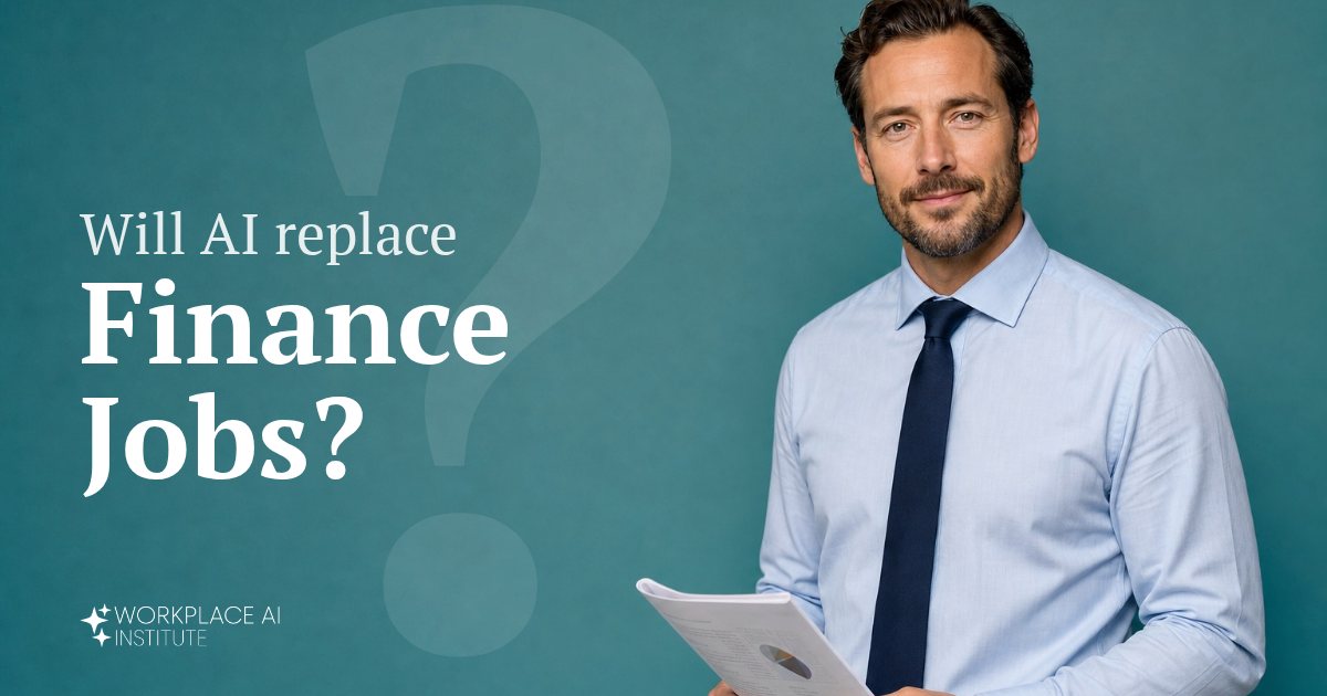 Will AI replace finance jobs? A finance professional in a shirt and tie holding a report against a teal wall.