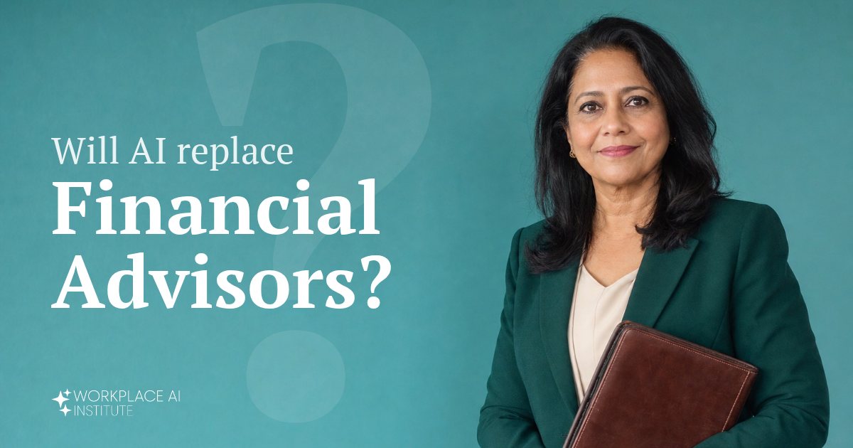 Will AI replace financial advisors? A financial advisor in an emerald blazer holding a portfolio against a teal wall.