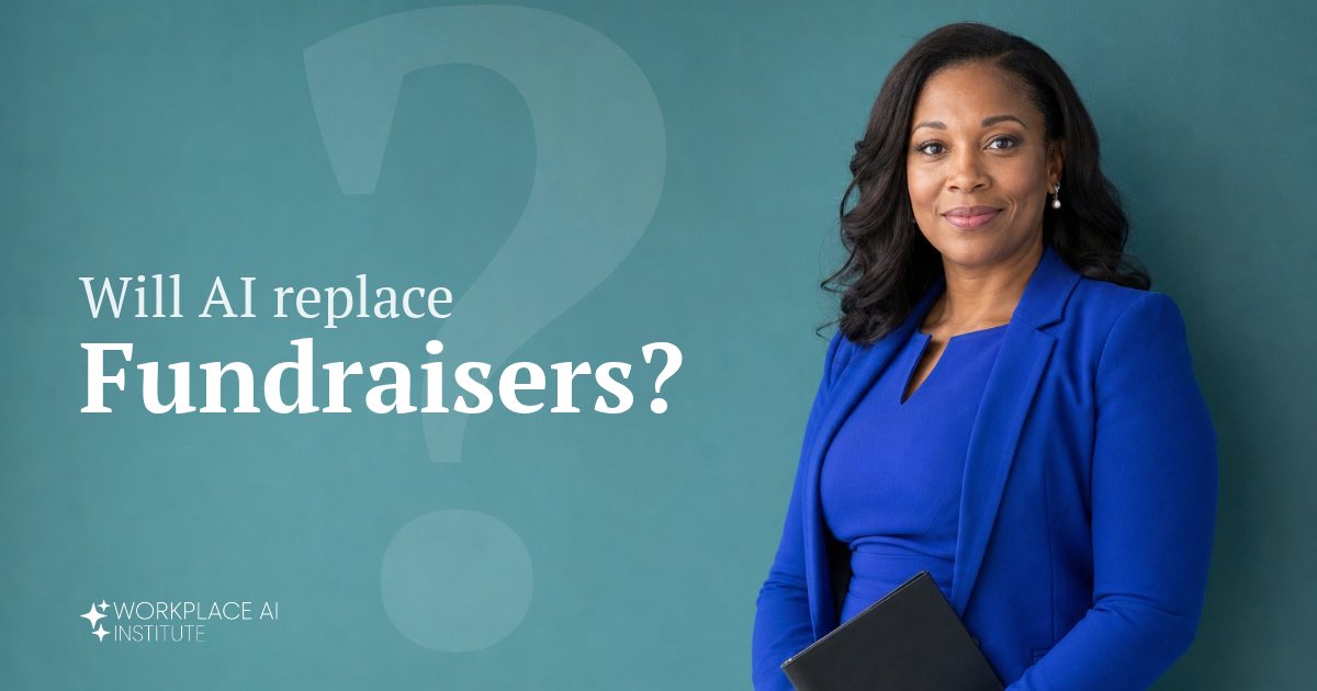 Will AI replace fundraisers? A fundraiser in a cobalt blazer holding a folder against a teal wall.