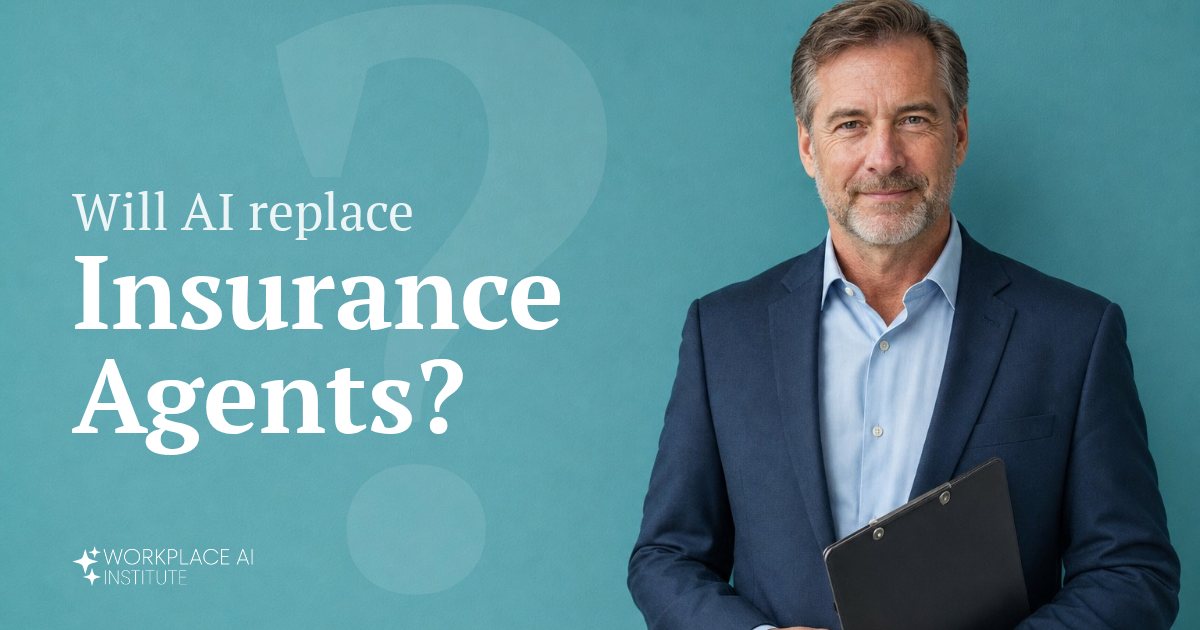 Will AI replace insurance agents? An insurance agent in a navy blazer holding a clipboard against a teal wall.